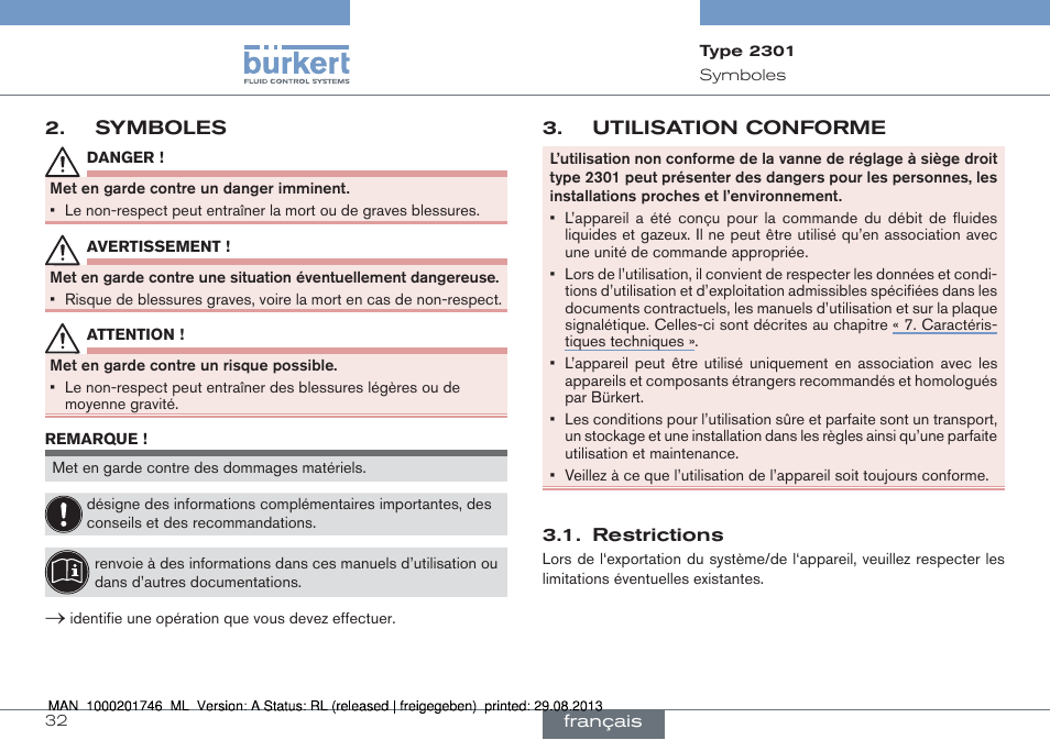 Symboles, Utilisation conforme, Sation conforme | Burkert Type 2301 User Manual | Page 32 / 46