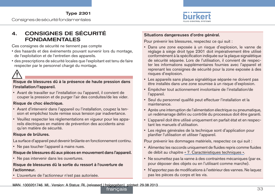 Consignes de sécurité fondamentales | Burkert Type 2301 User Manual | Page 33 / 46