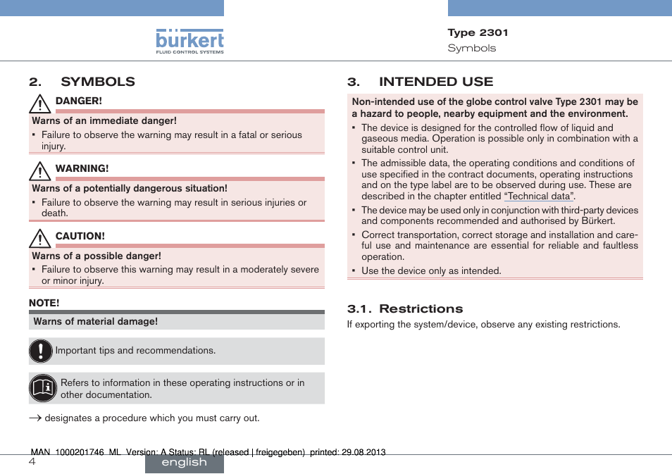 Symbols, Intended use | Burkert Type 2301 User Manual | Page 4 / 46