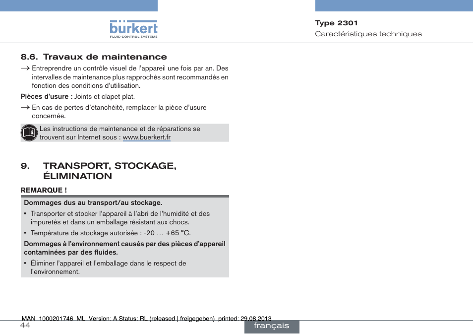 Transport, stockage, élimination | Burkert Type 2301 User Manual | Page 44 / 46