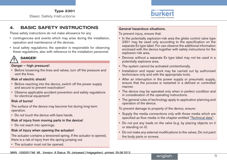 Basic safety instructions | Burkert Type 2301 User Manual | Page 5 / 46