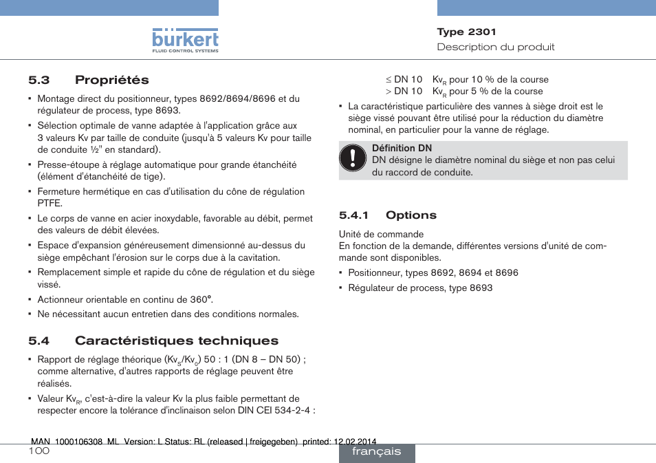 3 propriétés 5.4 caractéristiques techniques | Burkert Type 2301 User Manual | Page 100 / 142