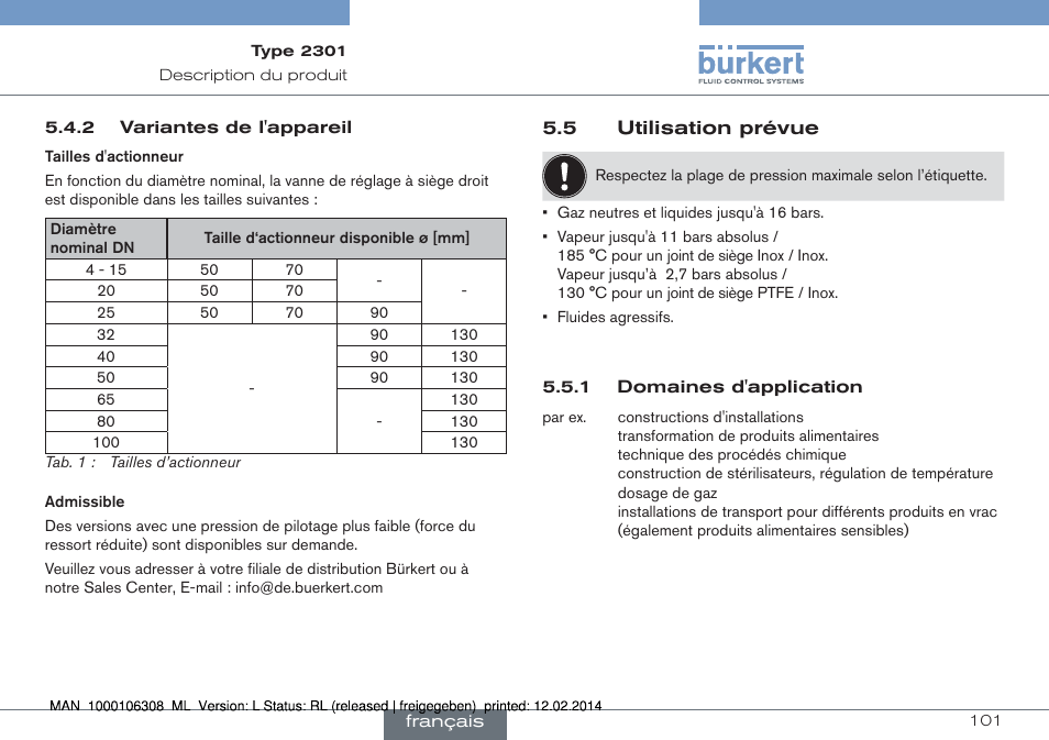 5 utilisation prévue | Burkert Type 2301 User Manual | Page 101 / 142