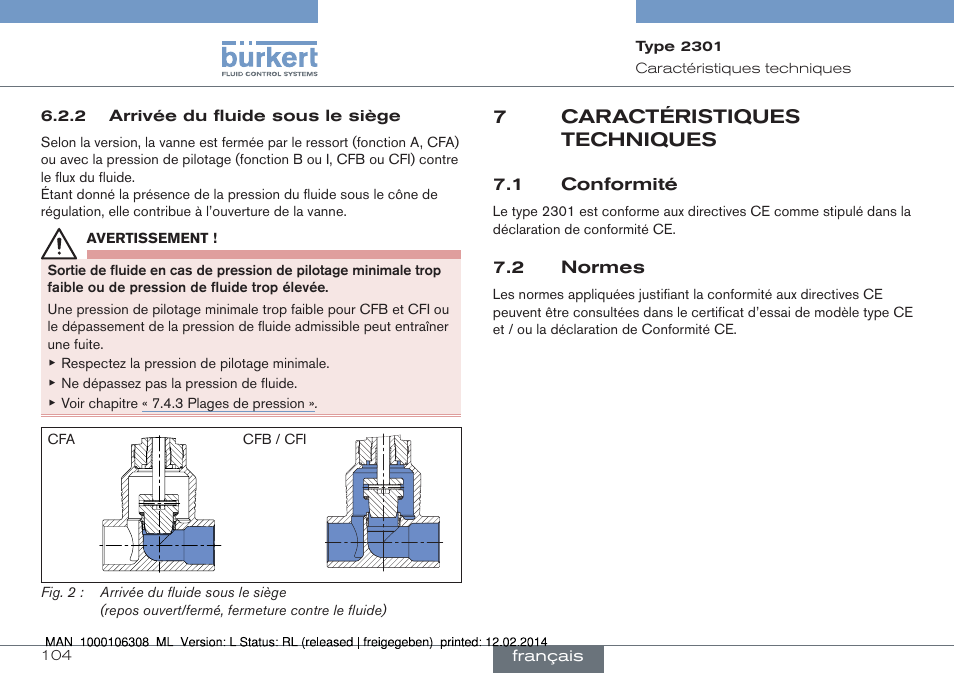 7 caractéristiques techniques, 1 conformité 7.2 normes, 7caractéristiques techniques | Burkert Type 2301 User Manual | Page 104 / 142