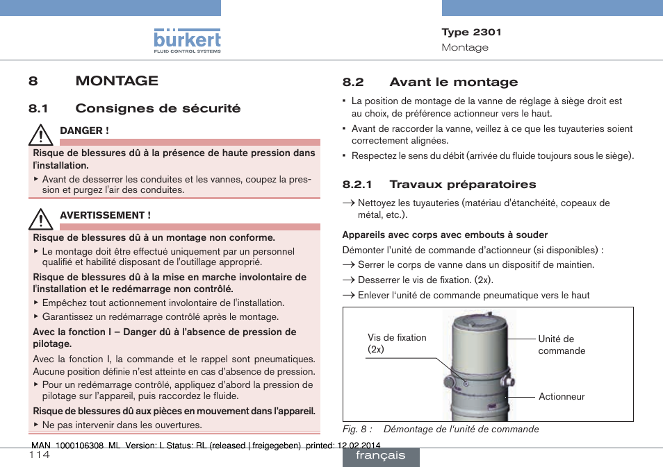 8 montage, 1 consignes de sécurité 8.2 avant le montage, 8montage | Burkert Type 2301 User Manual | Page 114 / 142