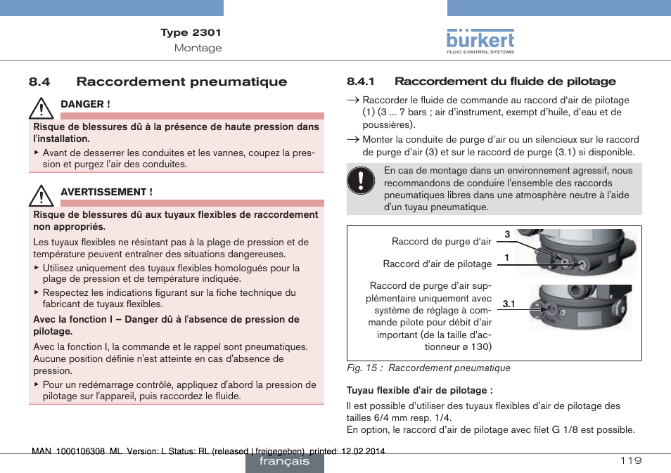 4 raccordement pneumatique | Burkert Type 2301 User Manual | Page 119 / 142