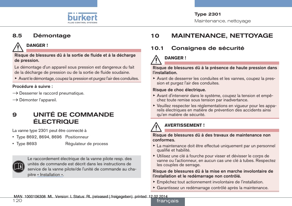 5 démontage, 9 unité de commande électrique, 10 maintenance, nettoyage | 1 consignes de sécurité, 9unité de commande électrique | Burkert Type 2301 User Manual | Page 120 / 142