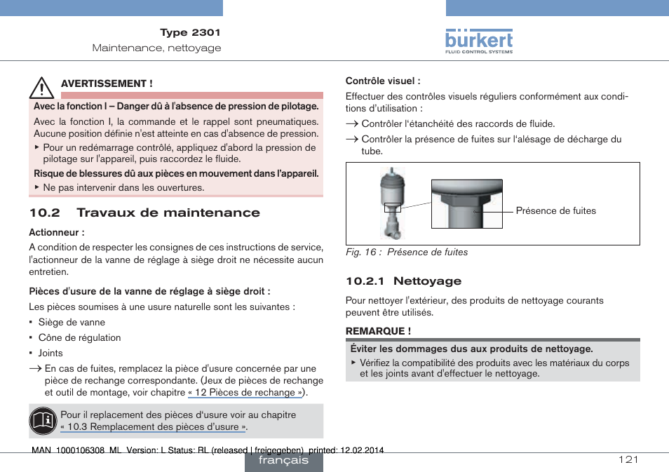 2 travaux de maintenance | Burkert Type 2301 User Manual | Page 121 / 142