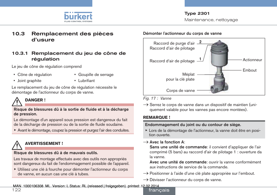 3 remplacement des pièces d’usure | Burkert Type 2301 User Manual | Page 122 / 142