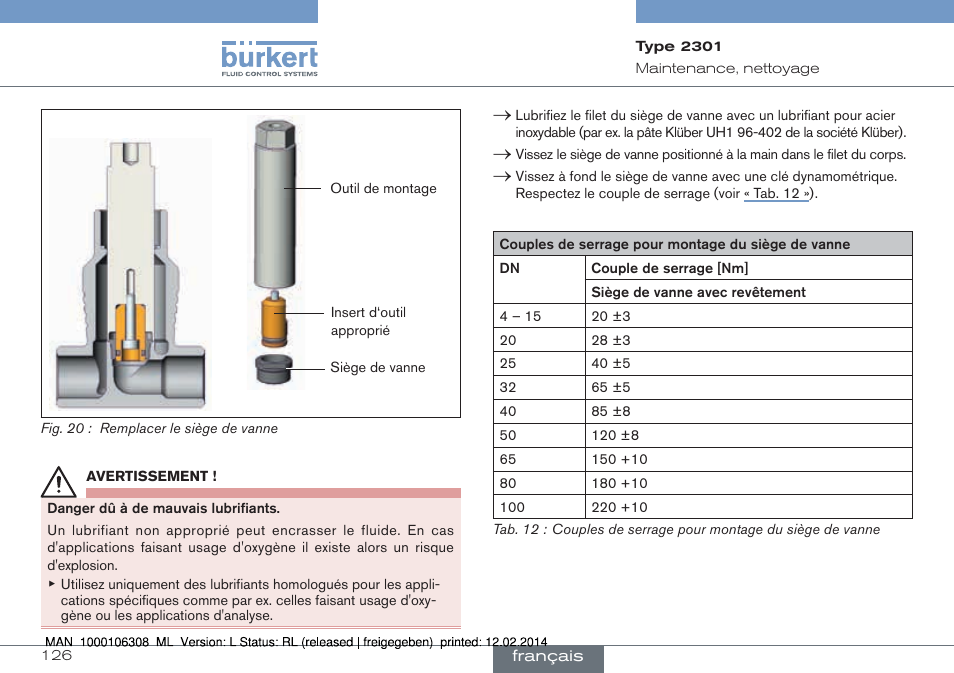 Serrage pour montage du siège de vanne ») | Burkert Type 2301 User Manual | Page 126 / 142