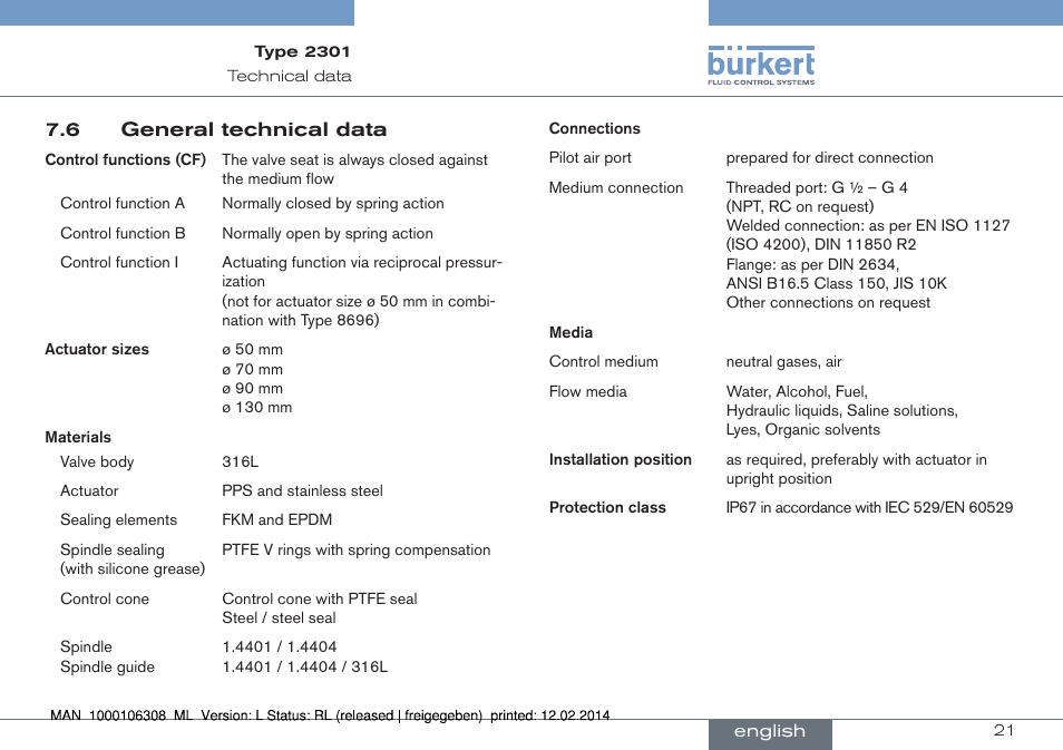 6 general technical data | Burkert Type 2301 User Manual | Page 21 / 142