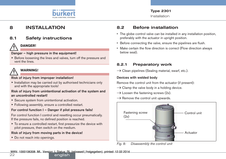 8 installation, 1 safety instructions 8.2 before installation, 8installation | Burkert Type 2301 User Manual | Page 22 / 142