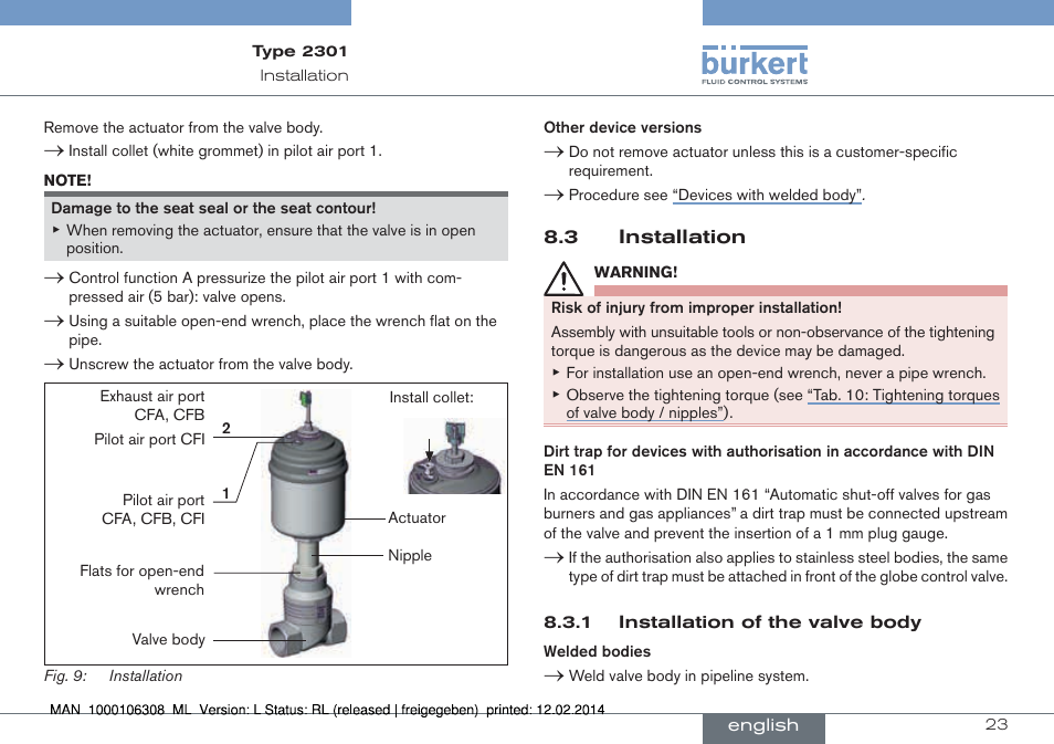 3 installation | Burkert Type 2301 User Manual | Page 23 / 142