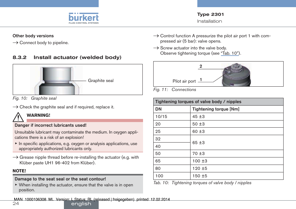 Of valve body / nipples | Burkert Type 2301 User Manual | Page 24 / 142