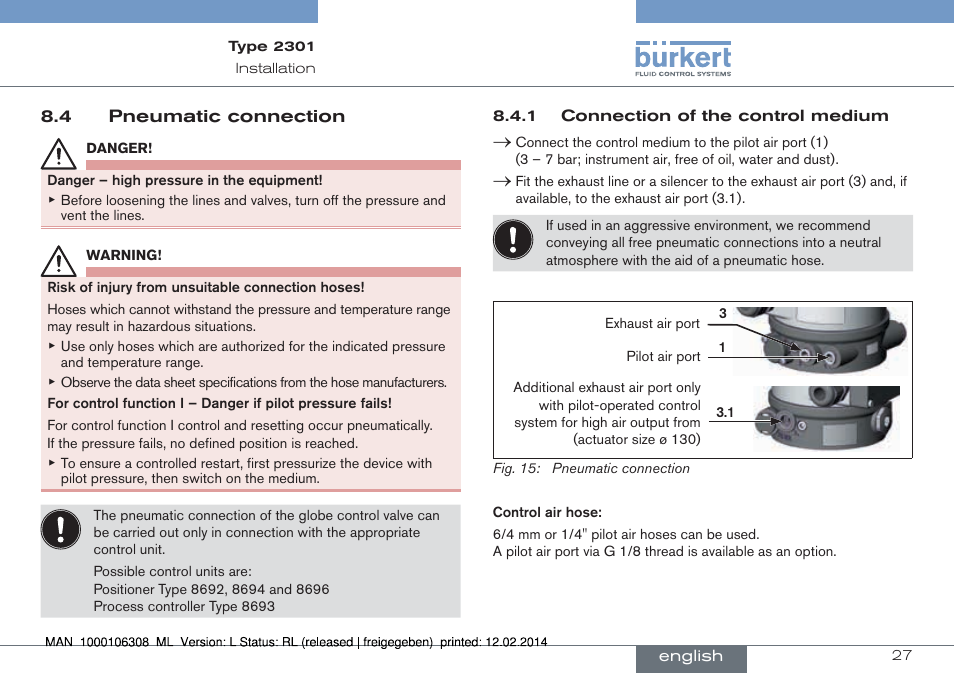 4 pneumatic connection | Burkert Type 2301 User Manual | Page 27 / 142