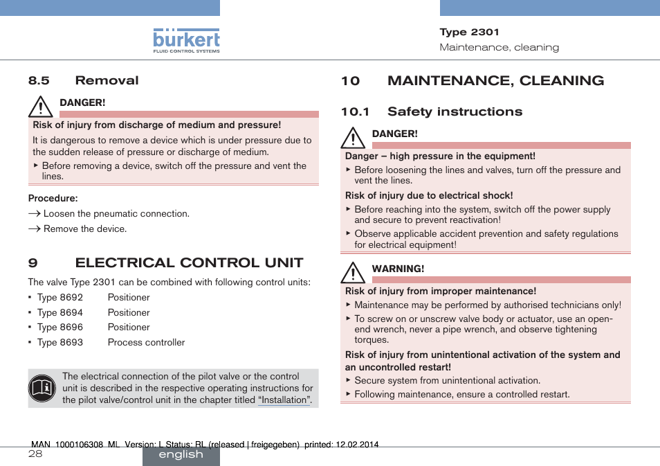 5 removal, 9 electrical control unit, 10 maintenance, cleaning | 1 safety instructions, 9electrical control unit | Burkert Type 2301 User Manual | Page 28 / 142