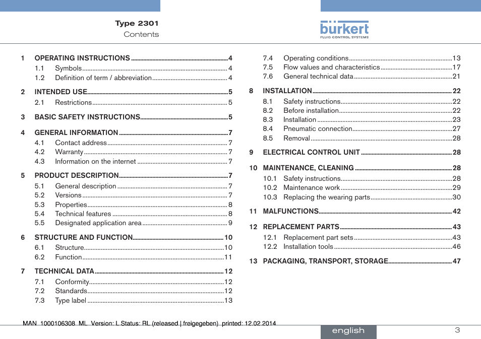 English | Burkert Type 2301 User Manual | Page 3 / 142