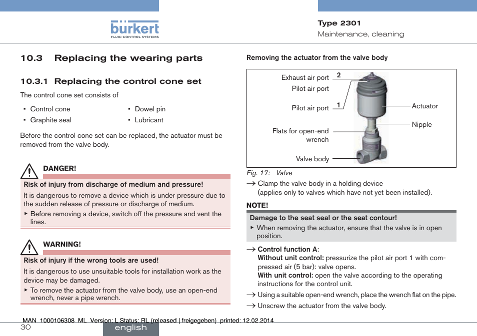 3 replacing the wearing parts | Burkert Type 2301 User Manual | Page 30 / 142