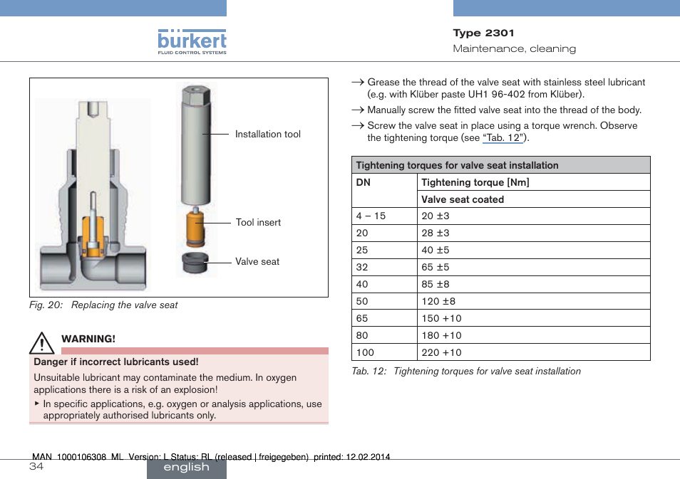 For valve seat installation | Burkert Type 2301 User Manual | Page 34 / 142