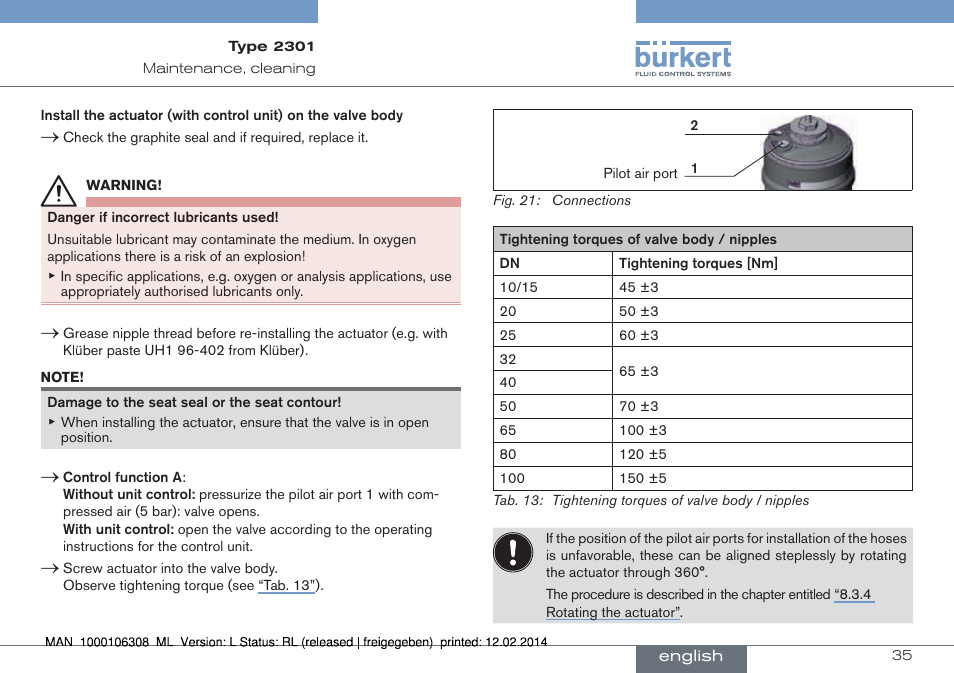 Tab. 13: tightening torques of, Valve body / nipples | Burkert Type 2301 User Manual | Page 35 / 142