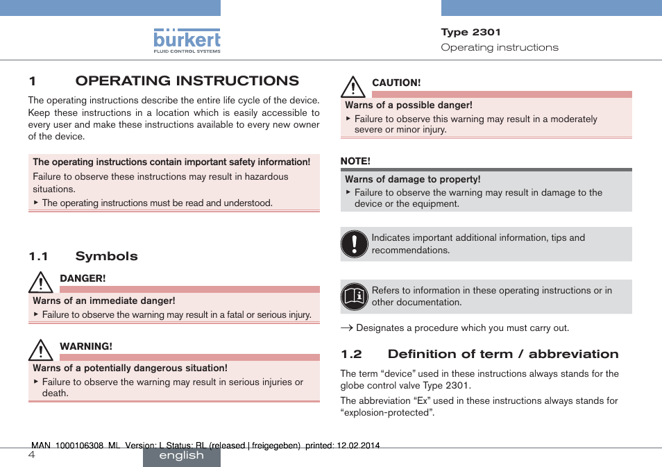 1 operating instructions, 1 symbols 1.2 definition of term / abbreviation, 1operating instructions | Burkert Type 2301 User Manual | Page 4 / 142