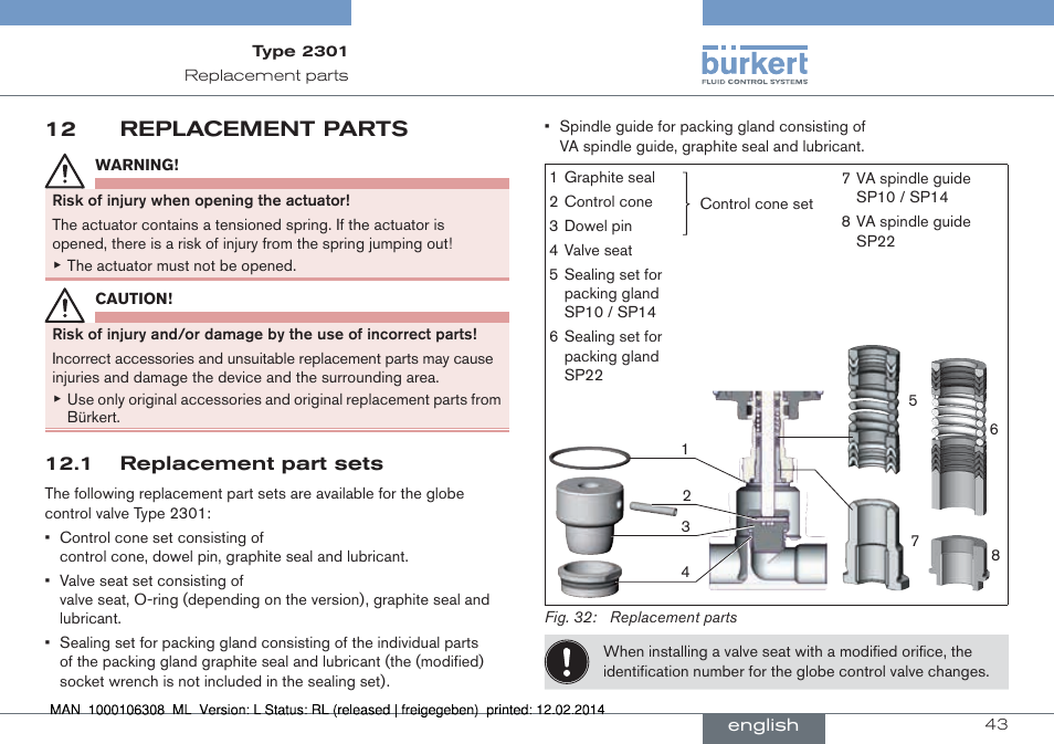 12 replacement parts, 1 replacement part sets | Burkert Type 2301 User Manual | Page 43 / 142