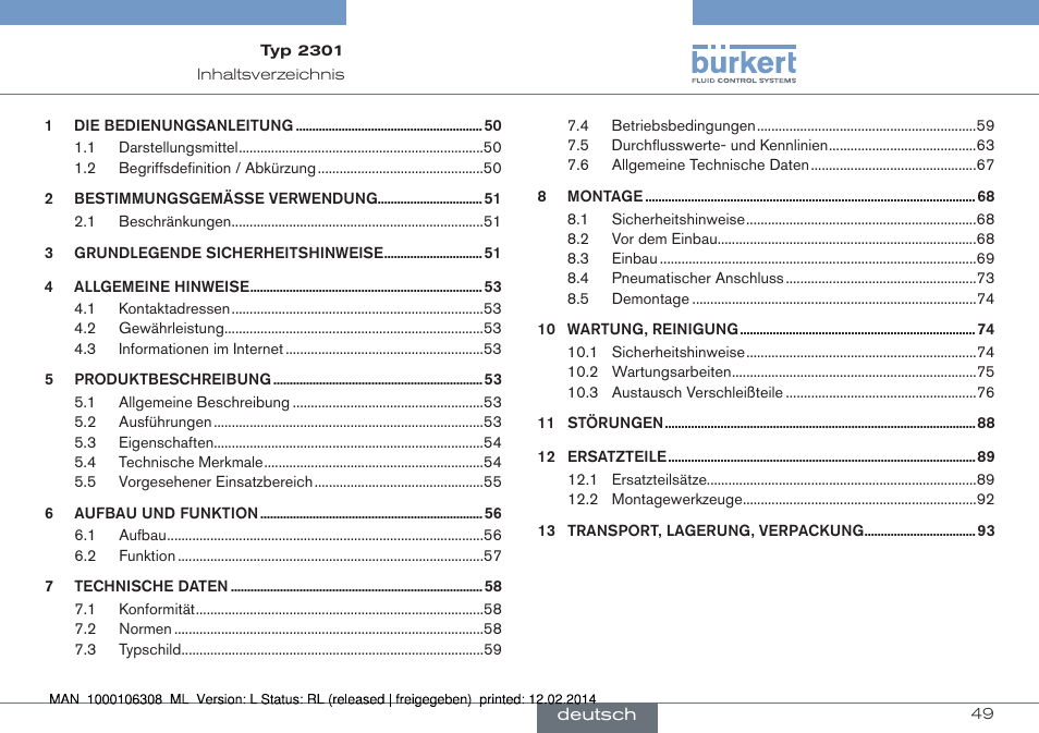 Deutsch | Burkert Type 2301 User Manual | Page 49 / 142