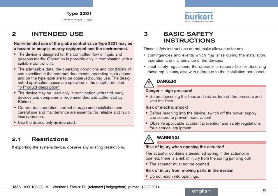 2 intended use, 1 restrictions, 3 basic safety instructions | 2intended use, 3basic safety instructions | Burkert Type 2301 User Manual | Page 5 / 142