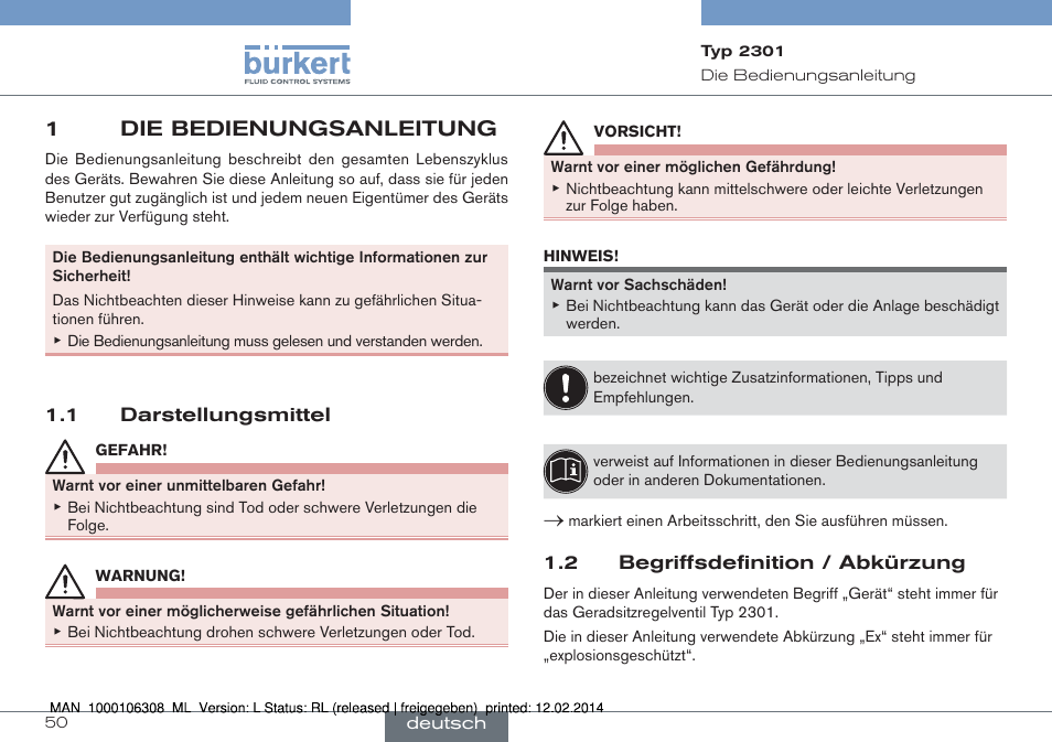 1 die bedienungsanleitung, 1die bedienungsanleitung | Burkert Type 2301 User Manual | Page 50 / 142