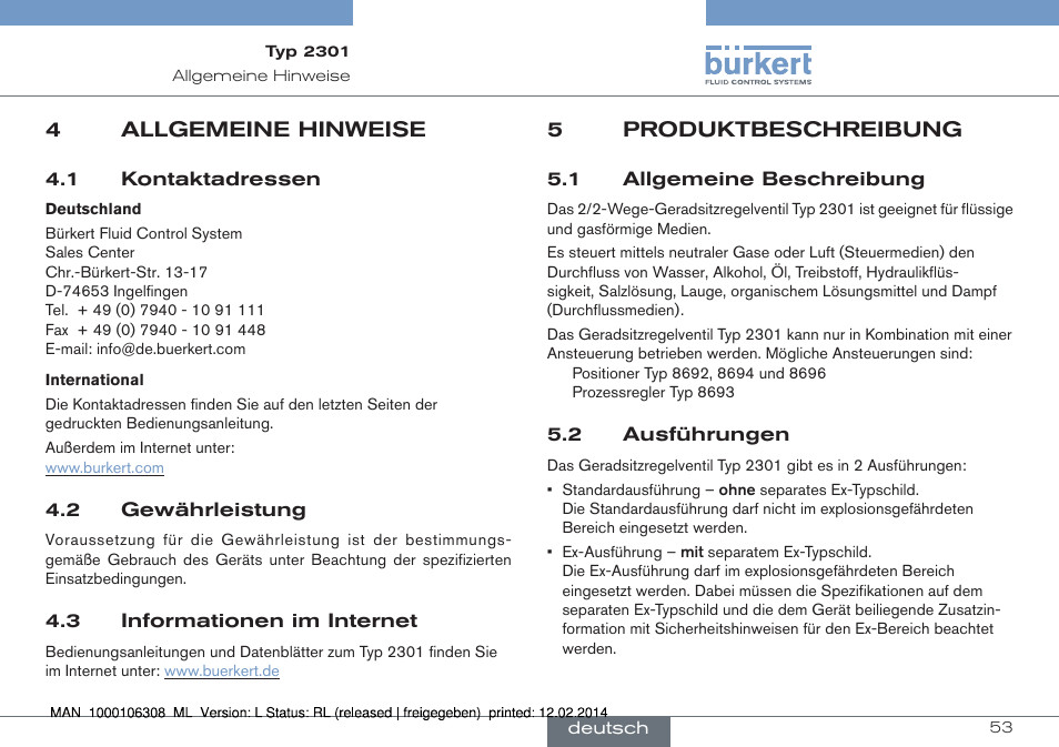 4 allgemeine hinweise, 5 produktbeschreibung, 1 allgemeine beschreibung 5.2 ausführungen | Burkert Type 2301 User Manual | Page 53 / 142