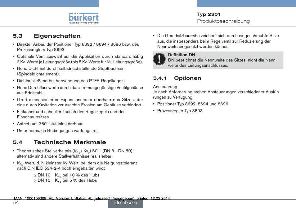 3 eigenschaften 5.4 technische merkmale | Burkert Type 2301 User Manual | Page 54 / 142