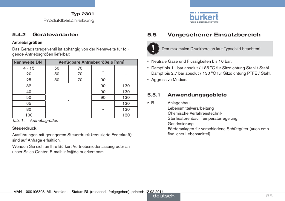 5 vorgesehener einsatzbereich | Burkert Type 2301 User Manual | Page 55 / 142