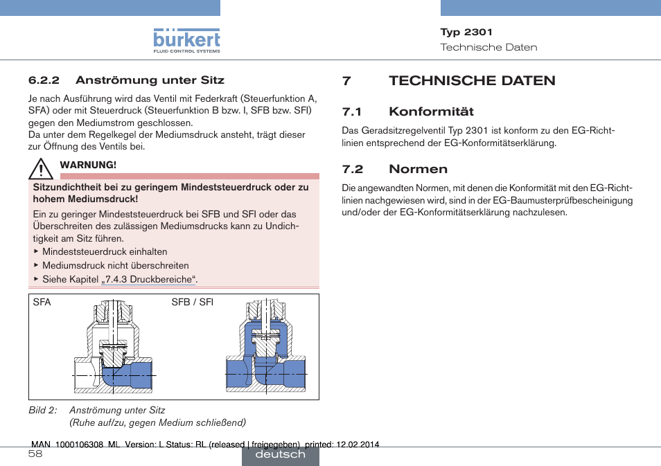 7 technische daten, 1 konformität 7.2 normen, 7technische daten | Burkert Type 2301 User Manual | Page 58 / 142