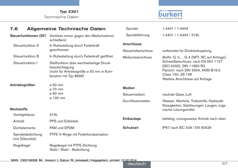 6 allgemeine technische daten | Burkert Type 2301 User Manual | Page 67 / 142