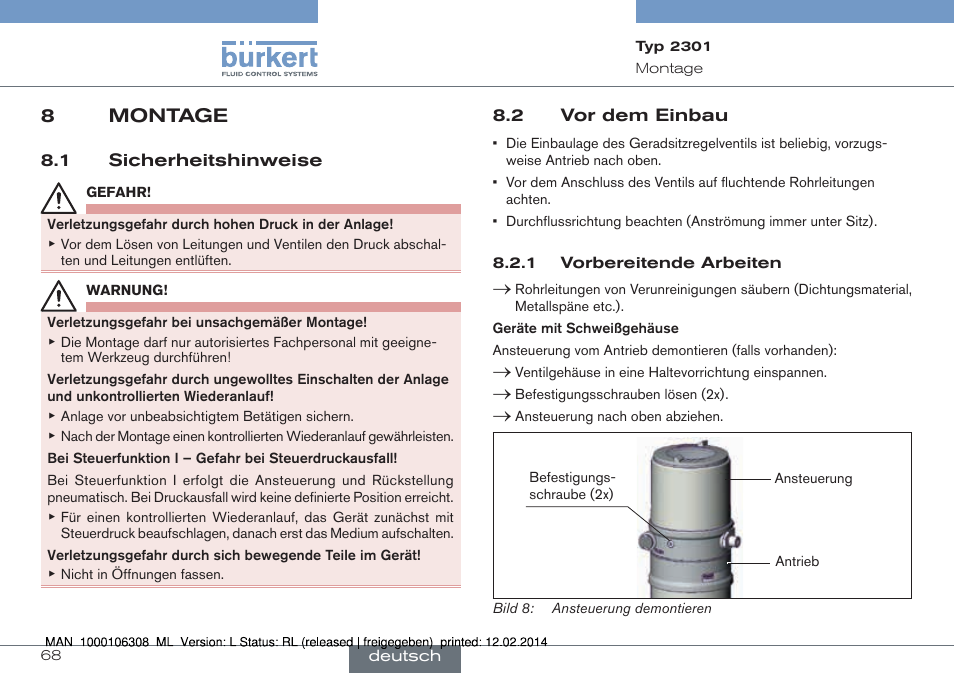 8 montage, 1 sicherheitshinweise 8.2 vor dem einbau, 8montage | Burkert Type 2301 User Manual | Page 68 / 142