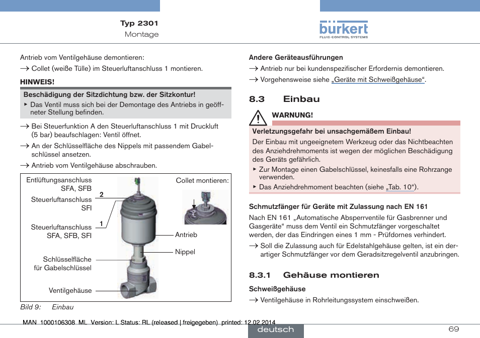 3 einbau | Burkert Type 2301 User Manual | Page 69 / 142