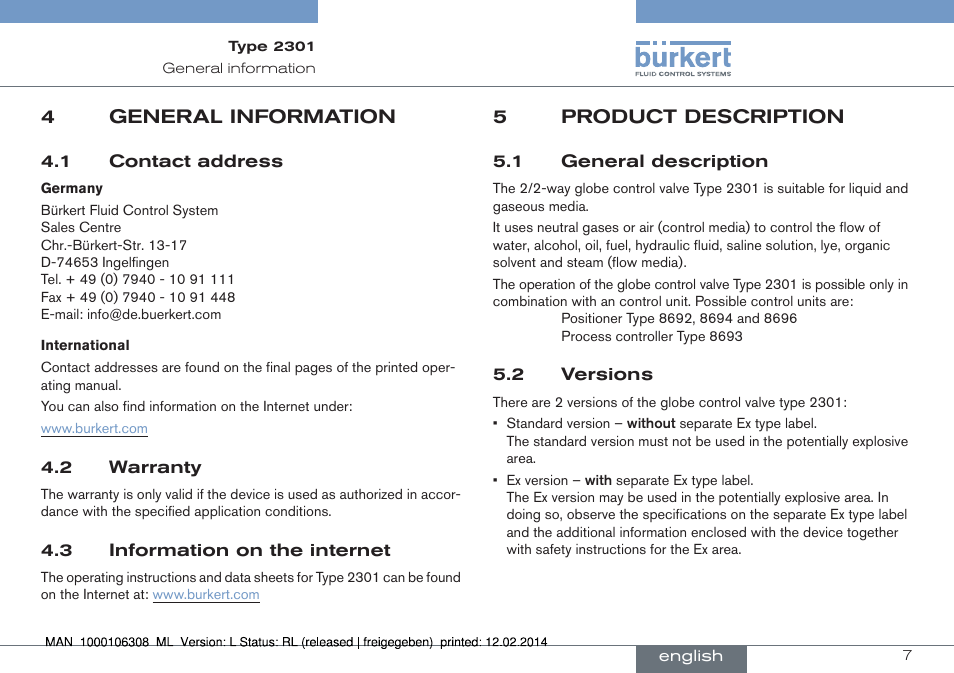 4 general information, 5 product description, 1 general description 5.2 versions | Burkert Type 2301 User Manual | Page 7 / 142