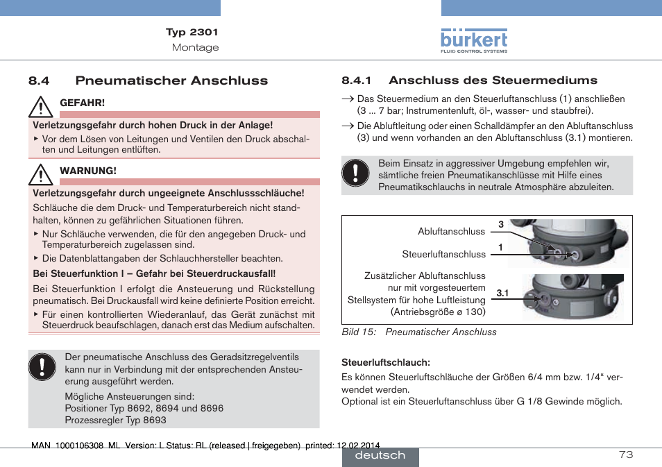 4 pneumatischer anschluss | Burkert Type 2301 User Manual | Page 73 / 142