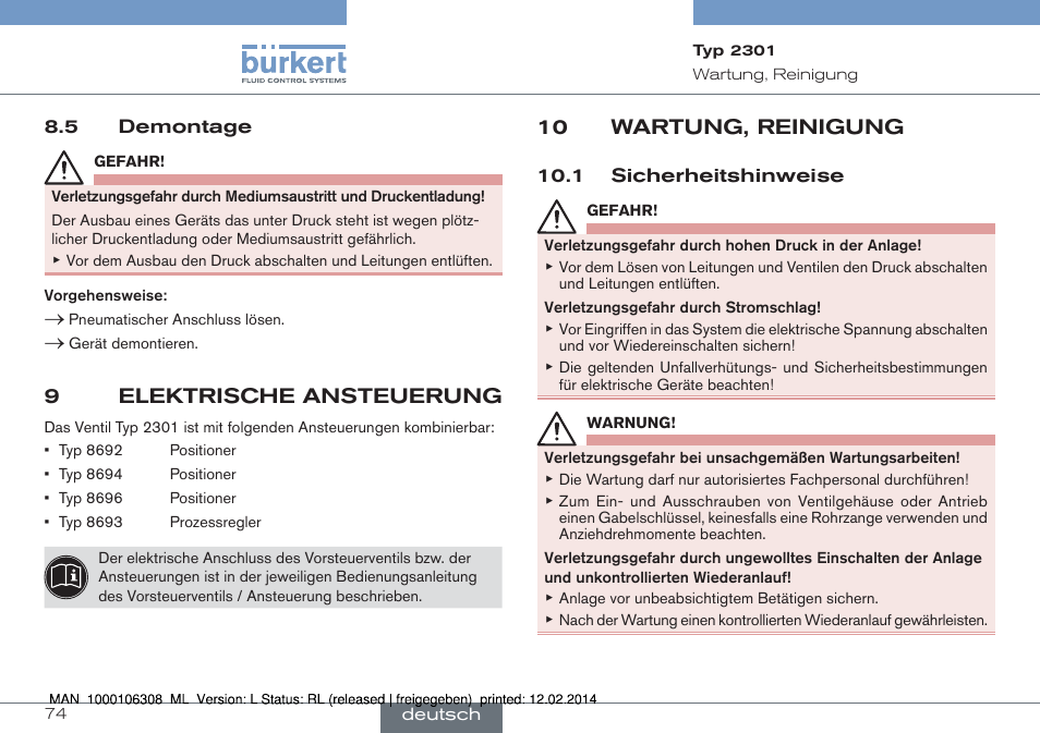 5 demontage, 10 wartung, reinigung, 1 sicherheitshinweise | 9elektrische ansteuerung | Burkert Type 2301 User Manual | Page 74 / 142