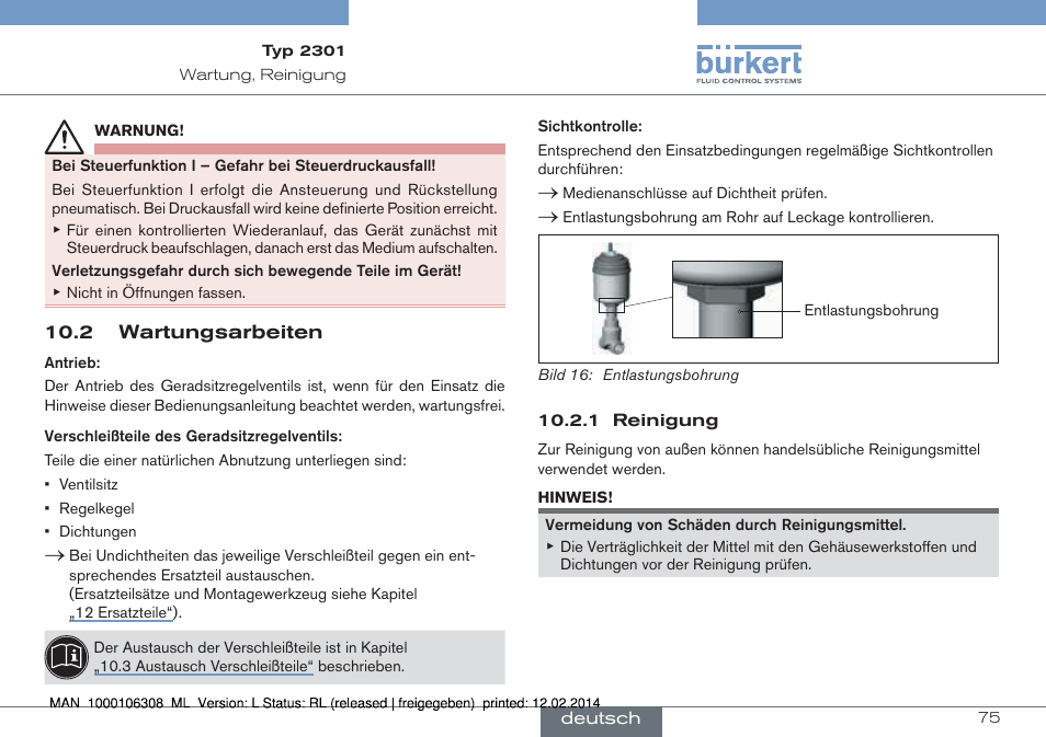 2 wartungsarbeiten | Burkert Type 2301 User Manual | Page 75 / 142