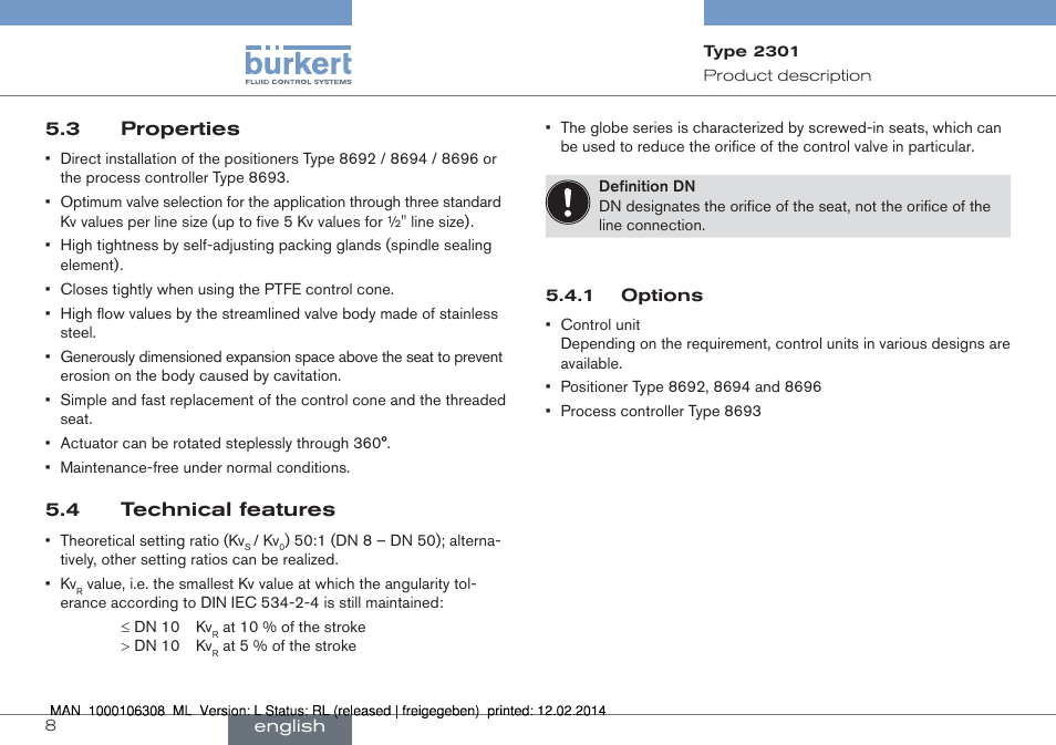 3 properties 5.4 technical features | Burkert Type 2301 User Manual | Page 8 / 142