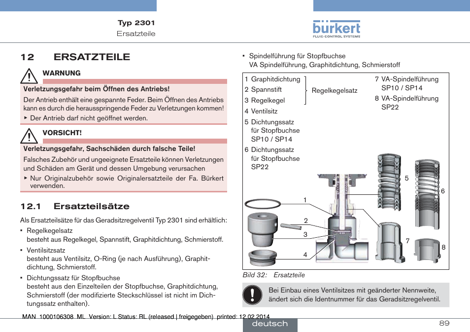 12 ersatzteile, 1 ersatzteilsätze | Burkert Type 2301 User Manual | Page 89 / 142