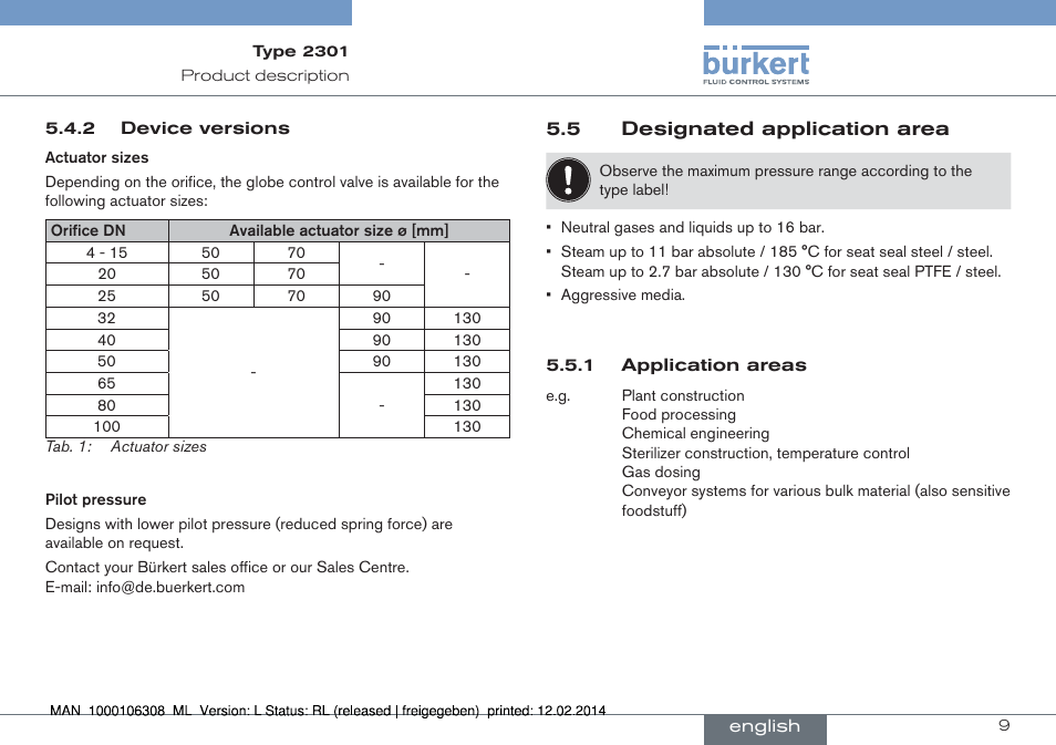 5 designated application area | Burkert Type 2301 User Manual | Page 9 / 142