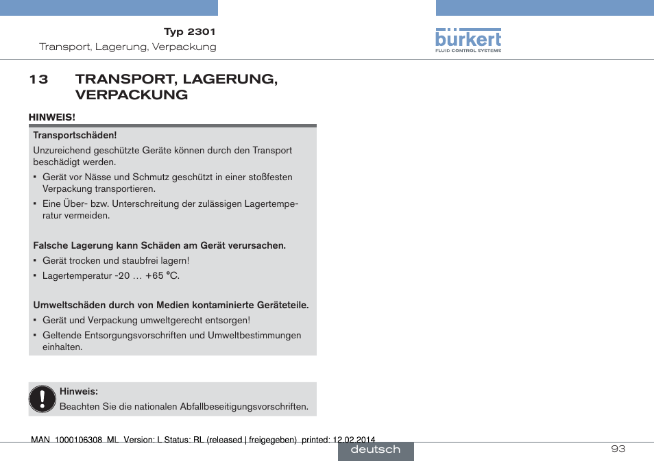 13 transport, lagerung, verpackung | Burkert Type 2301 User Manual | Page 93 / 142