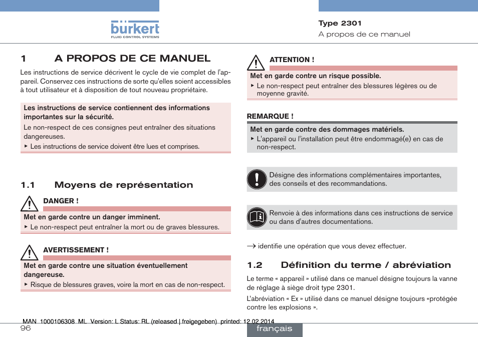 1 a propos de ce manuel, 1a propos de ce manuel | Burkert Type 2301 User Manual | Page 96 / 142