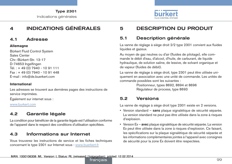 4 indications générales, 5 description du produit, 1 description générale 5.2 versions | Burkert Type 2301 User Manual | Page 99 / 142