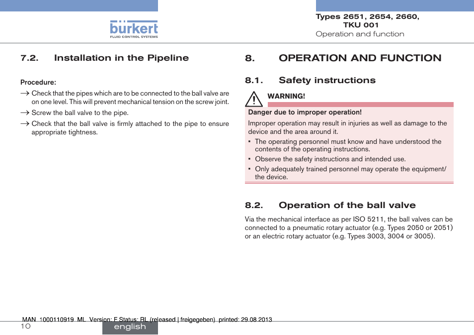 Installation in the pipeline, Operation and function | Burkert Type TKU001 User Manual | Page 10 / 34