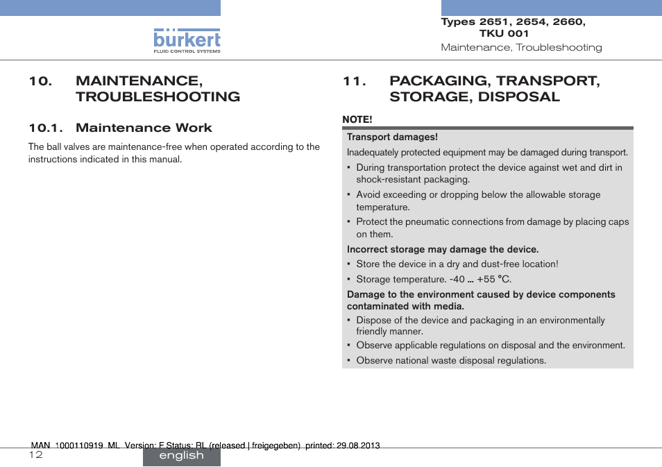 Maintenance, troubleshooting, Maintenance work, Packaging, transport, storage, disposal | Burkert Type TKU001 User Manual | Page 12 / 34