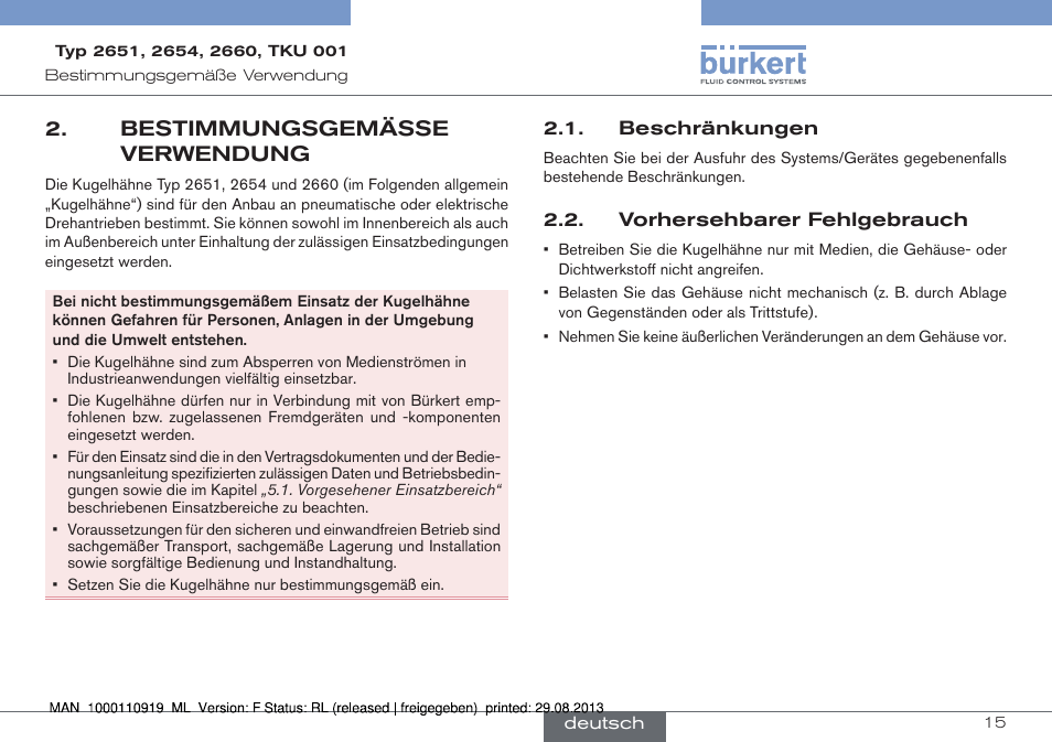 Bestimmungsgemässe verwendung, Beschränkungen 2.2. vorhersehbarer fehlgebrauch | Burkert Type TKU001 User Manual | Page 15 / 34