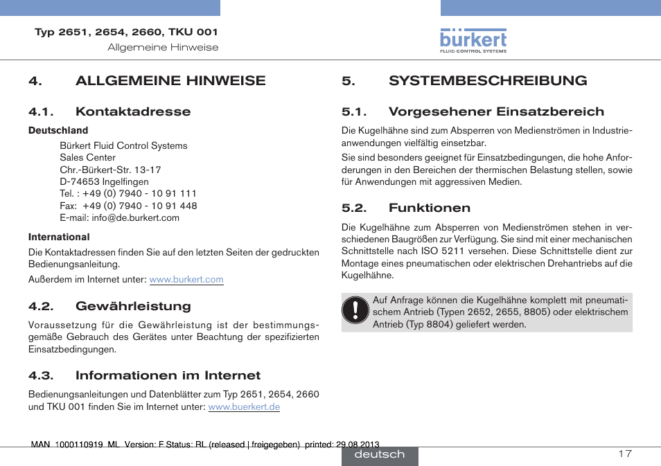 Allgemeine hinweise, Systembeschreibung, Vorgesehener einsatzbereich 5.2. funktionen | Burkert Type TKU001 User Manual | Page 17 / 34